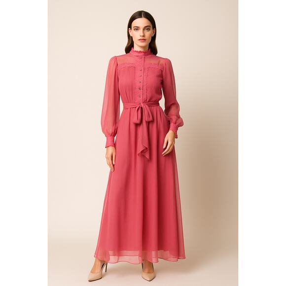 1970s Pink Chiffon Prairie Maxi High Neck Dress Lace Trim LGWD Canada XS - Picture 1 of 17